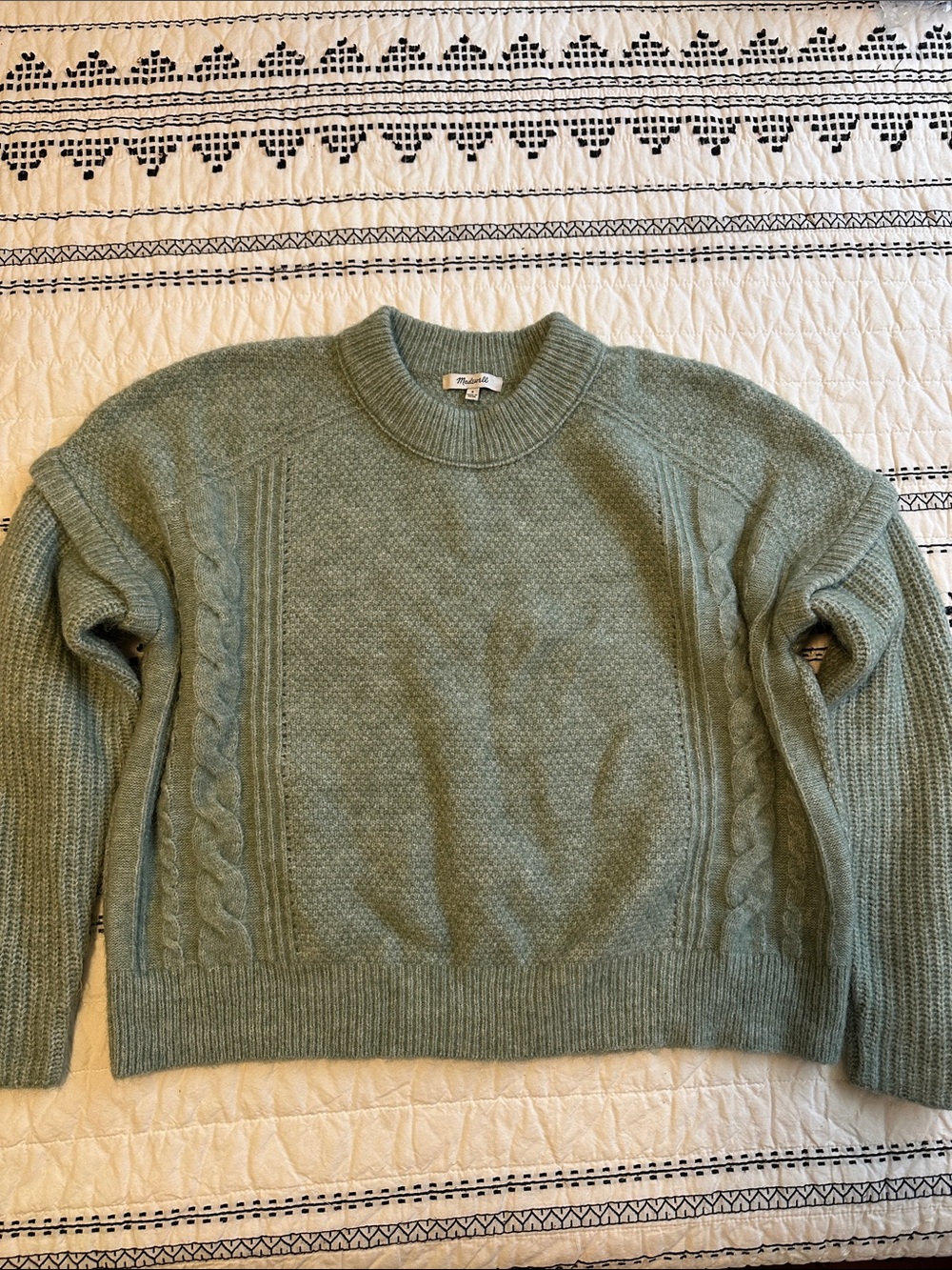 Madewell Sage Green Cable-Panel Wool Crewneck Sweater